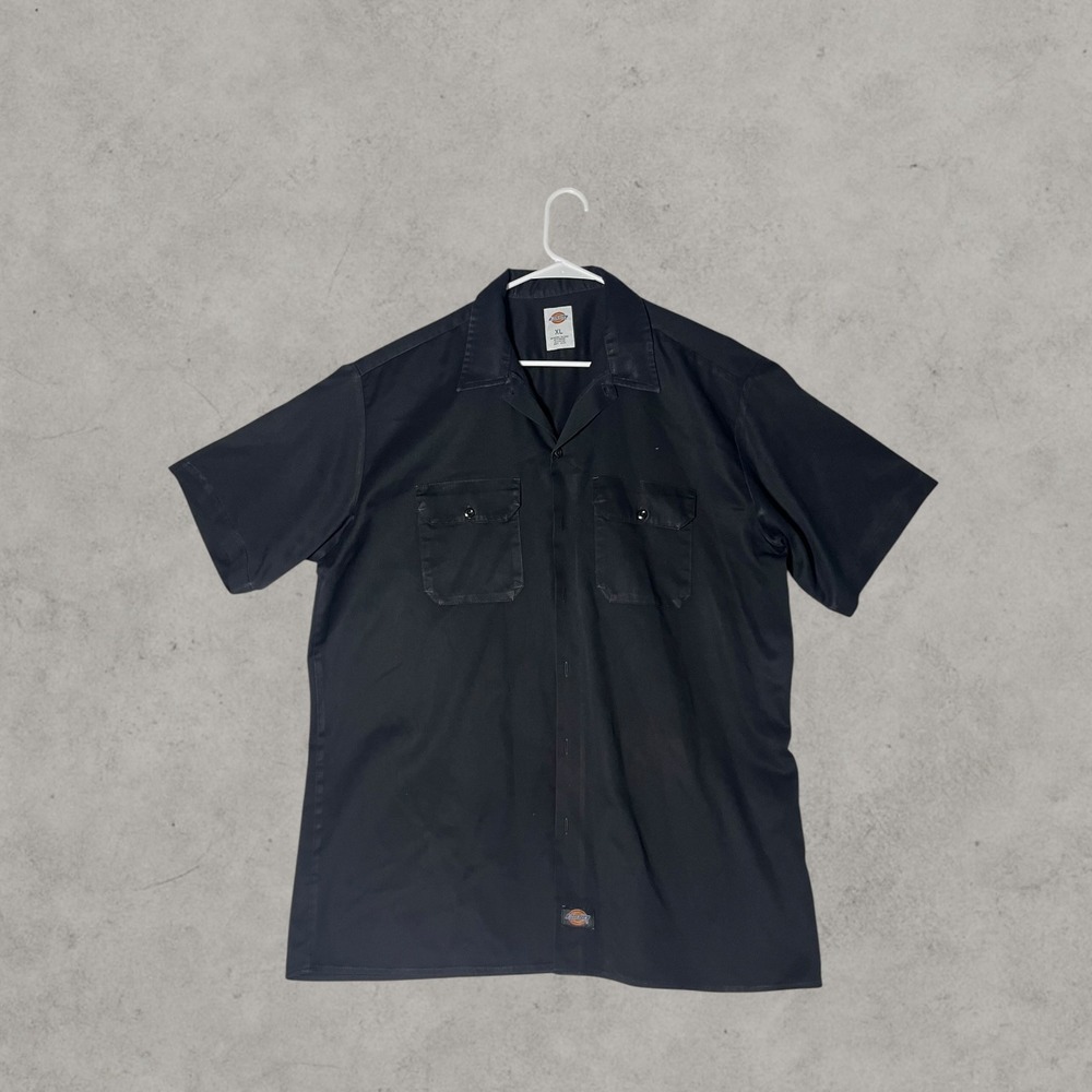 Dickies Short Sleeve Work Shirt Black Button Down Camp Collar XL Utility Top